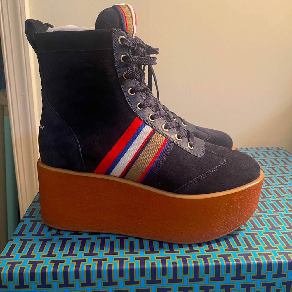 TORY BURCH Navy Suede Lace Up Platform Sneakers Striped, High-Top Size 8 1/2